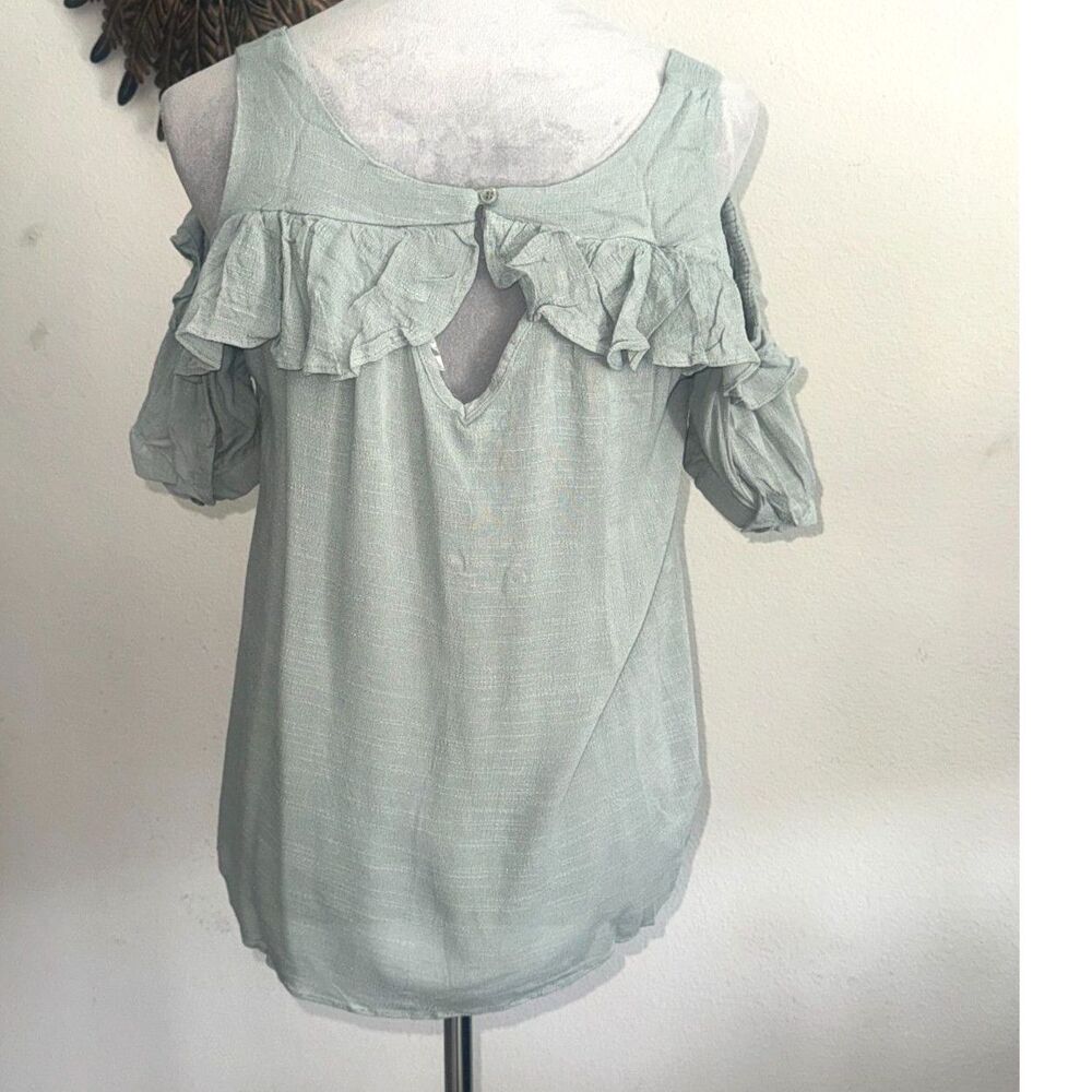 Sage Green Cold Shoulder Ruffle Blouse Womens S Boho Peasant Rayon Top